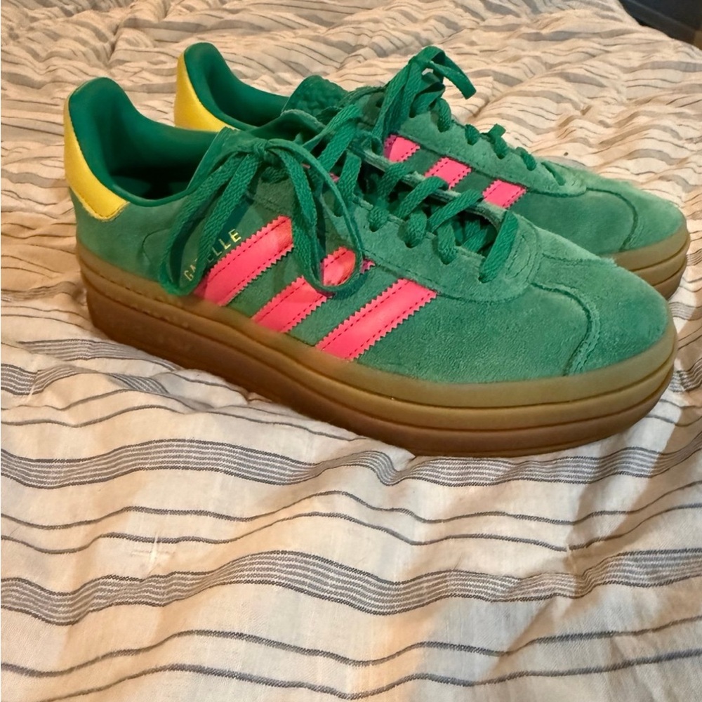 Adidas Suede Sneakers with Green and Pink Accents